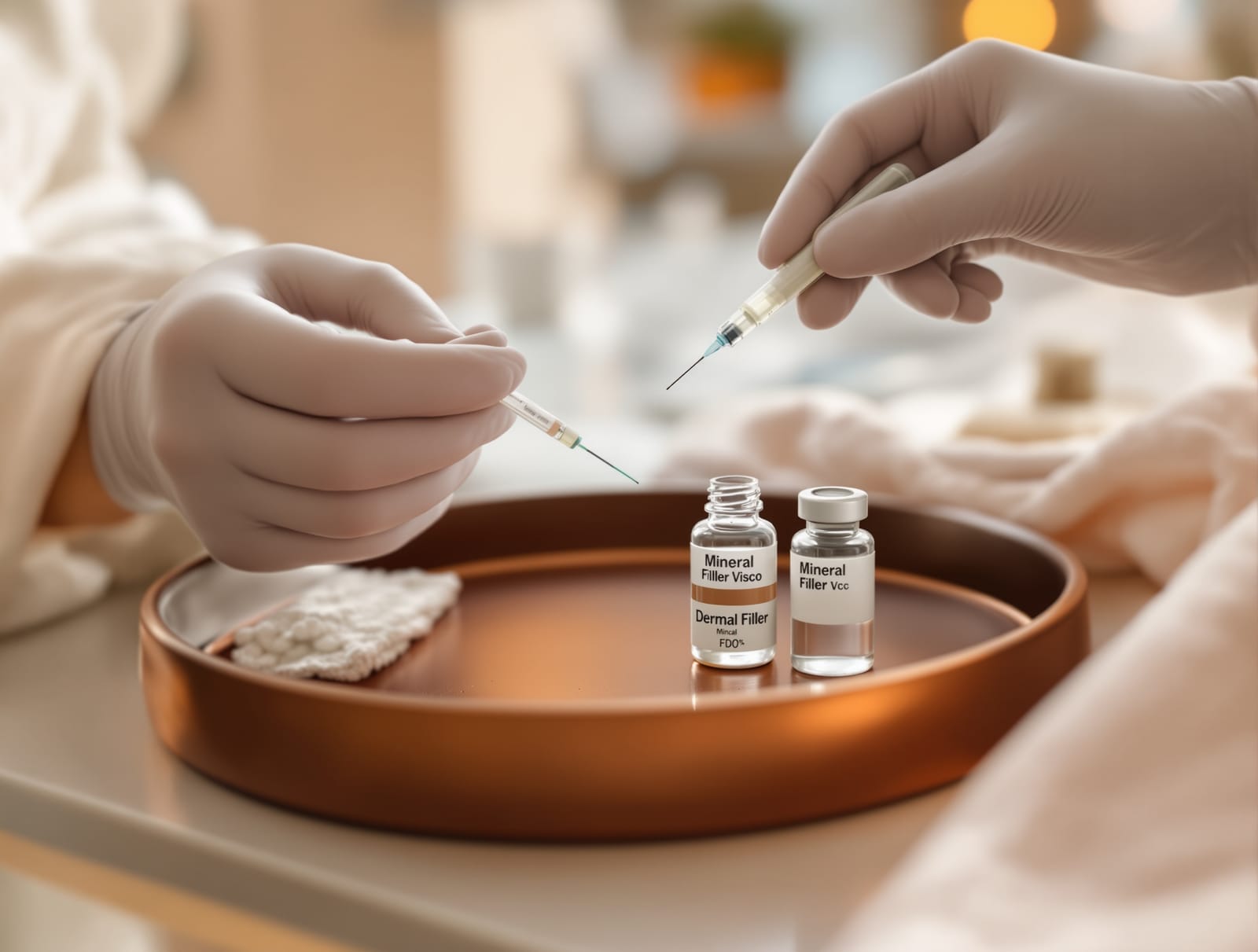 A gloved clinician holding a small collagen-stimulating filler syringe and vial on a warm-toned clinic tray