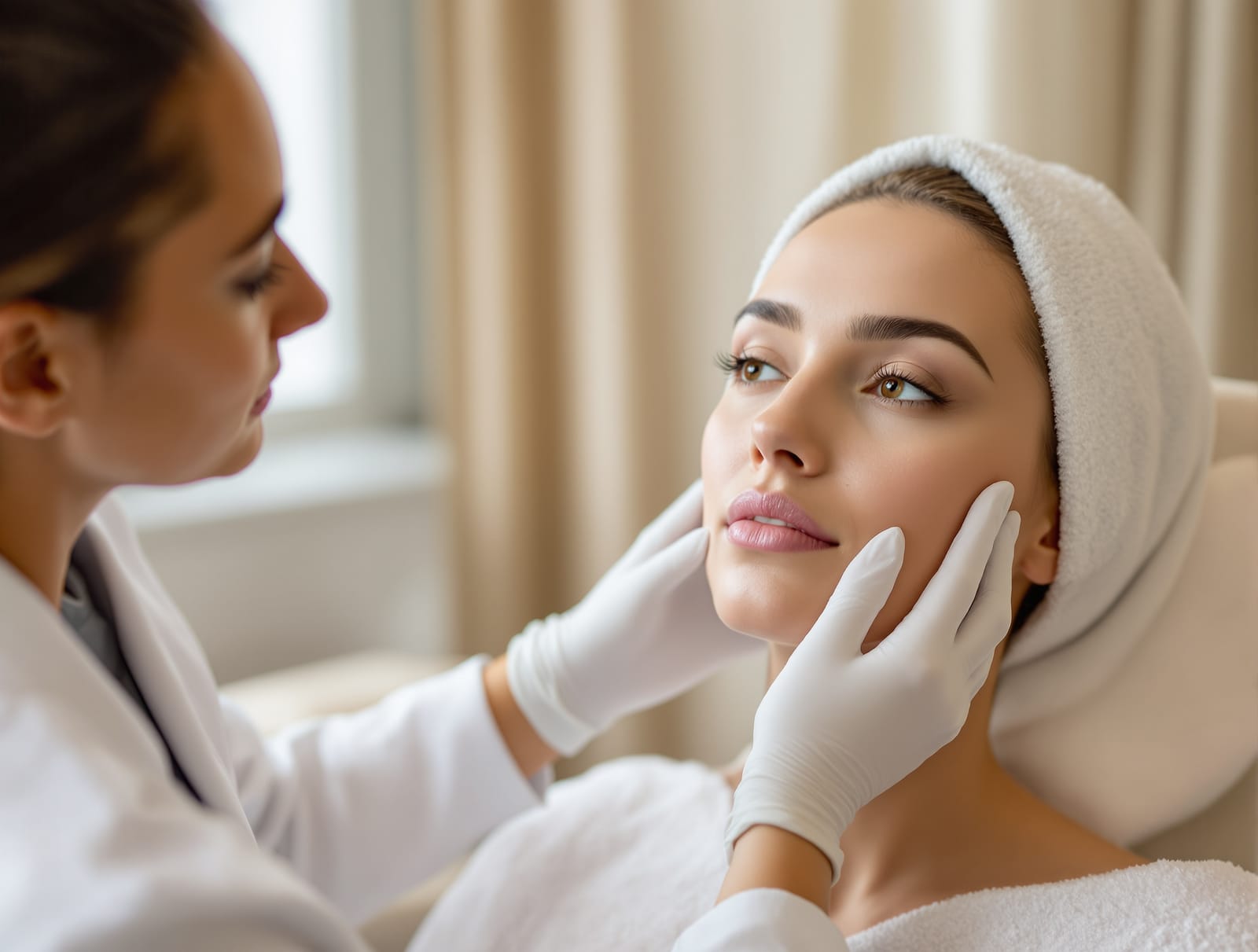 A facial plastic surgeon assessing a seated patient's cheek and jaw contour with gloved fingertips in a warm consultation room