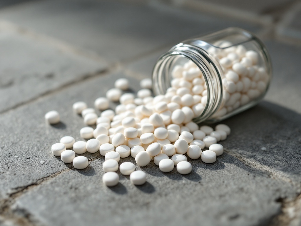White chewing gum pellets spilling from a small glass jar on stone