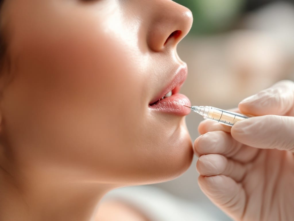 Close side profile of a woman's chin and lips as a gloved clinician holds a fine filler syringe nearby