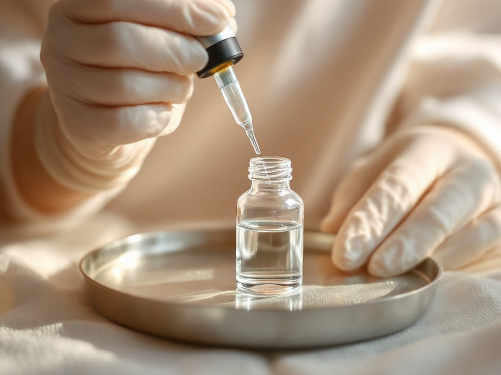 Gloved clinician drawing clear enzyme solution from a small glass vial with a fine syringe on a stainless tray