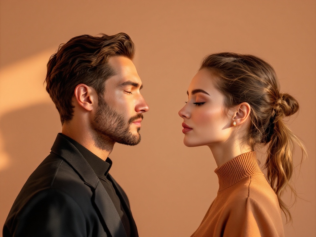 Two side profiles facing each other, a man with a strong jaw and a woman with a softer defined jaw