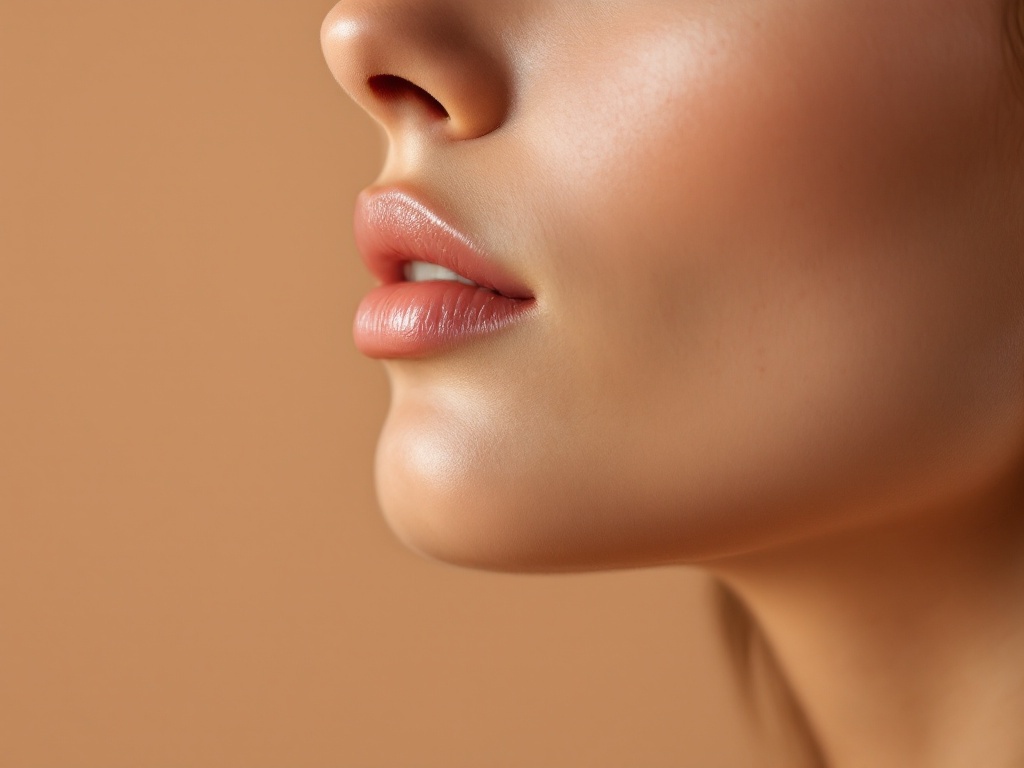 Close profile of a woman's lower face and jaw muscle in soft warm studio light, beauty editorial