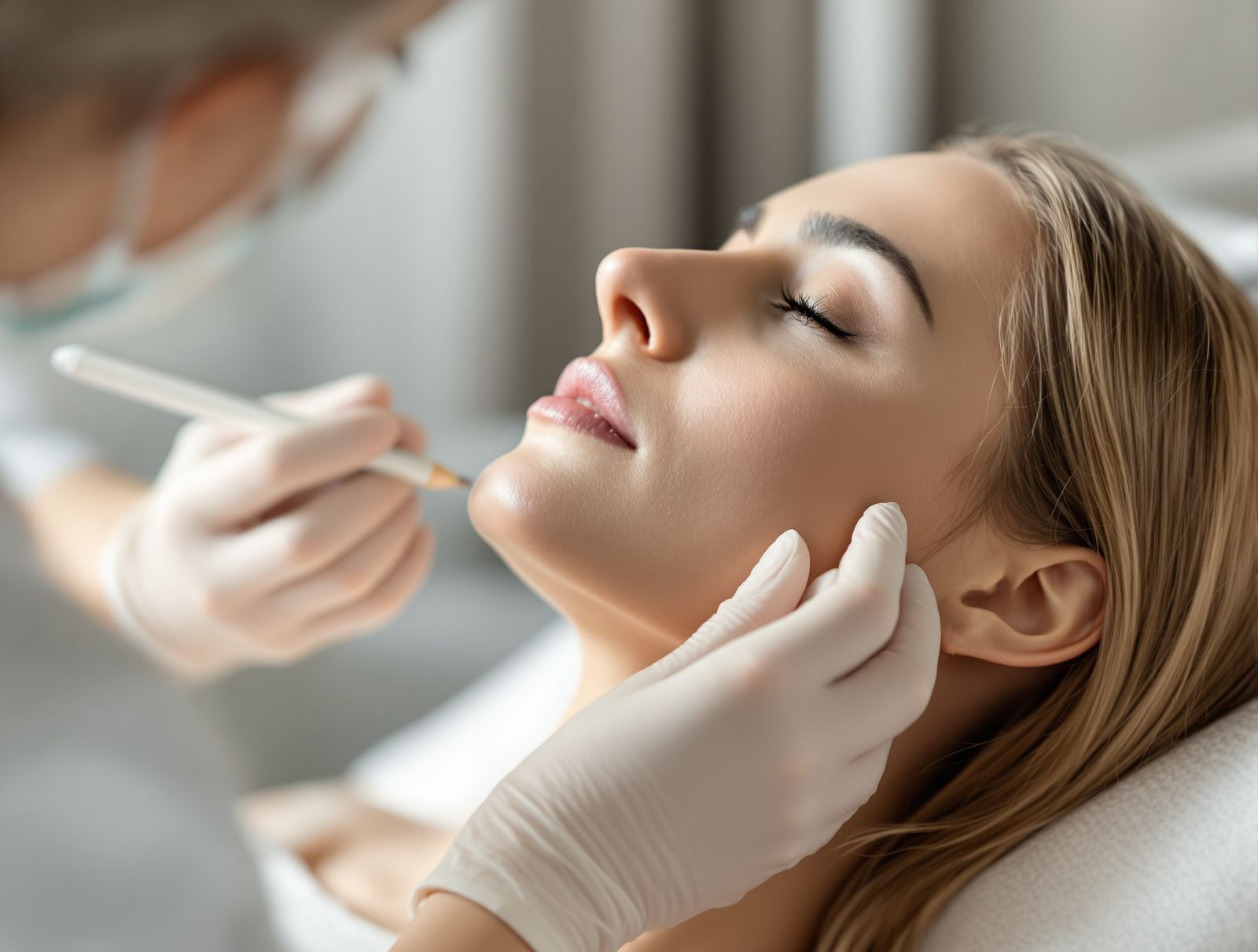 Gloved aesthetic practitioner marking a reclining woman's lower jaw with a fine white pencil before a thread lift in soft window light