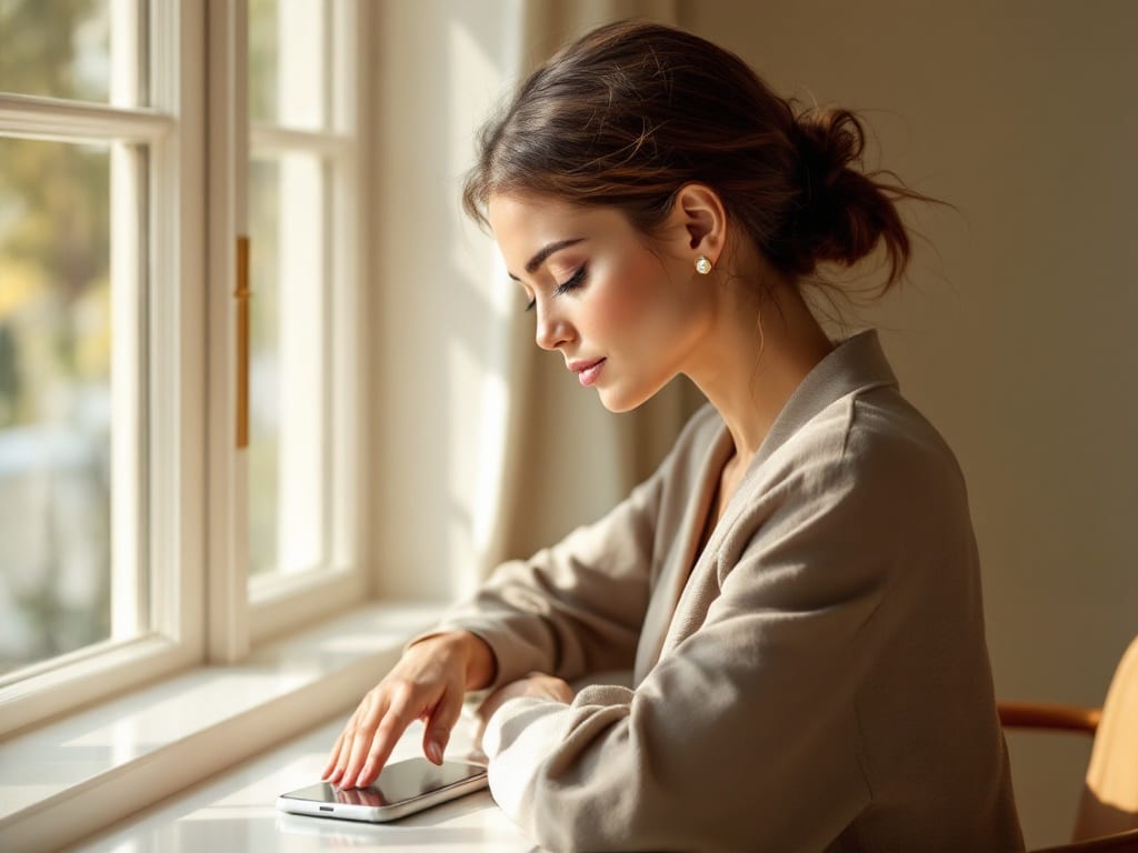 Woman in side profile looking down at a phone by a bright window, illustrating forward head posture
