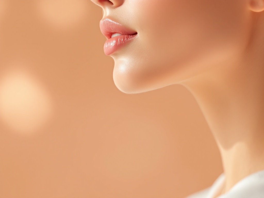 Close profile of a chin and jaw framing the lower face against a warm backdrop
